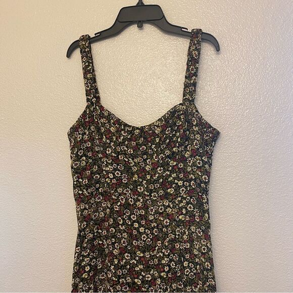 Zara micro Floral print Midi slip Dress viscose black green silky M - Picture 5 of 14